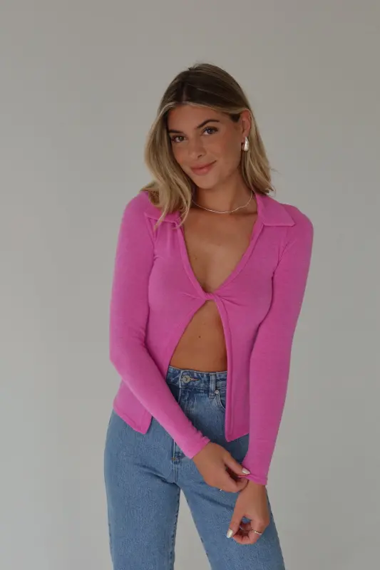 Fuchsia Open Front Collared Top
